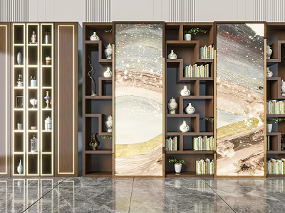 Wooden Decorative Cabinet With Glass Panel Doors And Open Shelves Holding Vases And Books 3d model