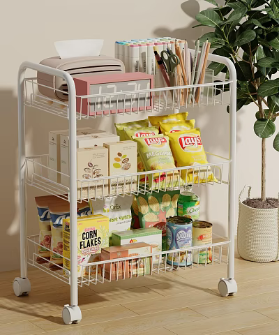 White Multi Tiered Storage Shelf With Snacks Cereal Cans And Stationery 3d model