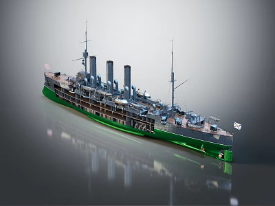 Detailed Historical Warship Model With Green Hull Multiple Funnels And Deck Features 3d model