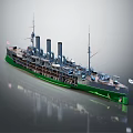 Detailed Historical Warship Model With Green Hull Multiple Funnels And Deck Features