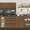 Modern Wooden Sideboard With Drawers Cabinets Open Shelves Kitchen Dishes Microwave Decorative Items Potted Plant