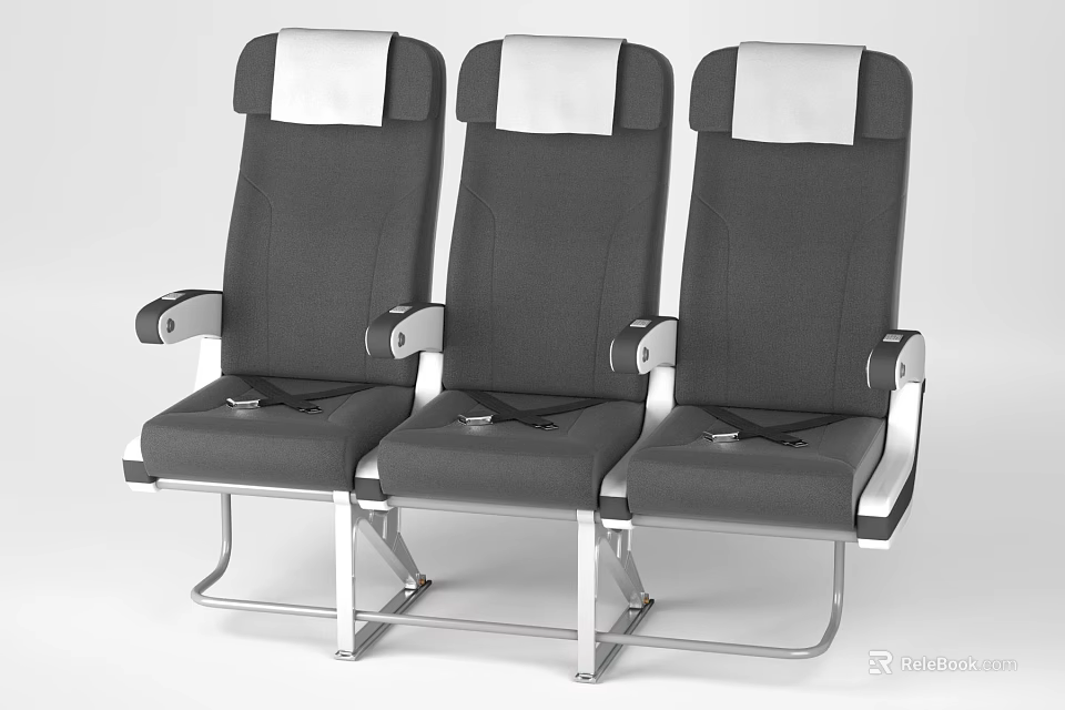 Public Chairs With Three in a Row Gray Seats White Headrests Metal Frames and Armrests 3d model 