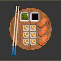 Fresh Sushi Platter With Maki Rolls Salmon Nigiri Soy Sauce Wasabi And Chopsticks