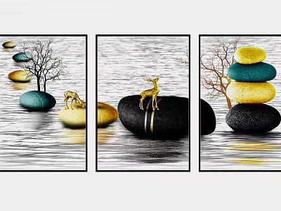 Three Panel Wall Art Featuring Stacked Stones Deer Figurine And Trees With Water Ripple Background 3d model