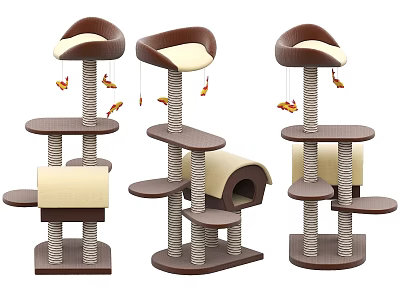 Sturdy Brown Beige Cat Tree With Multiple Platforms And Hanging Fish Toys 3d model