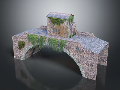 Stone Bridge With Small Building Green Vines And Cobblestone Arch Structure 3d model