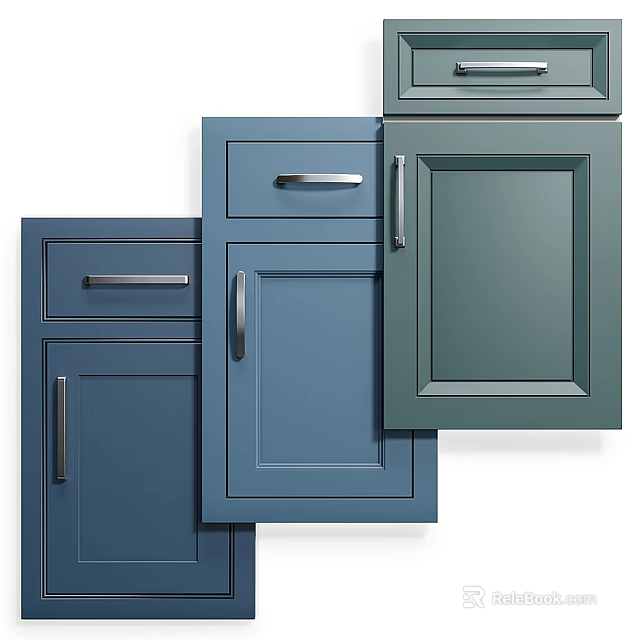 Different Modern Kitchen Cabinet Doors in Blue Green Colors with Metal Handles and Panel Designs 3d model 
