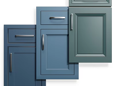 Different Modern Kitchen Cabinet Doors in Blue Green Colors with Metal Handles and Panel Designs 3d model
