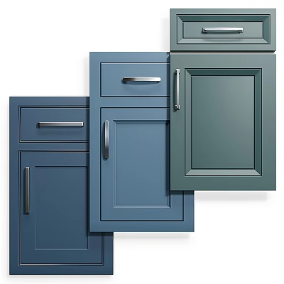 Different Modern Kitchen Cabinet Doors in Blue Green Colors with Metal Handles and Panel Designs 3d model