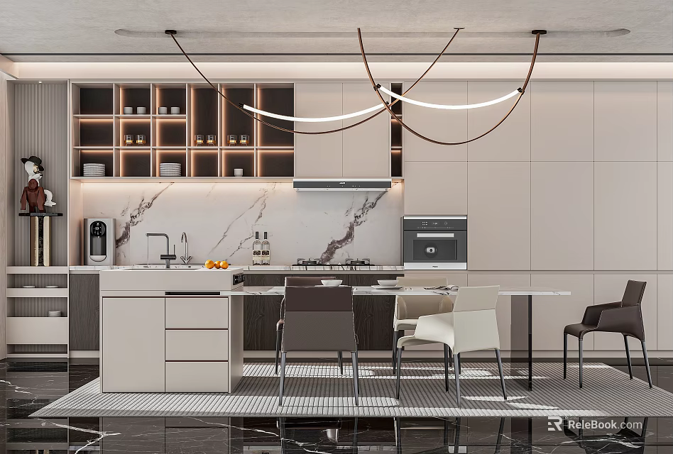 Elegant Modern Restaurant Interior With Hanging Lights Marble Table And Dining Chairs 3d model