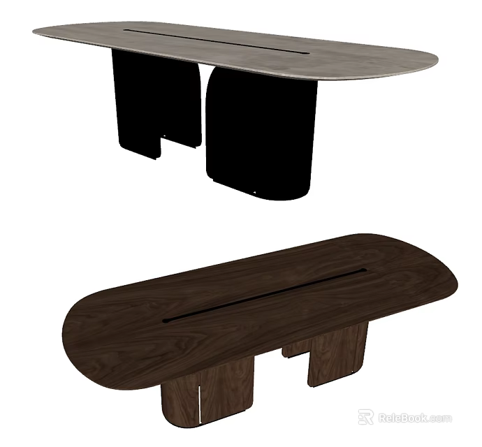 Modern Dining Table Set With Light And Dark Wooden Oval Tops And Solid Legs 3d model