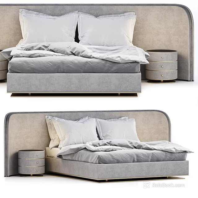 Modern Upholstered Double Bed With Gray Headboard Nightstand And Soft Pillows 3d model 