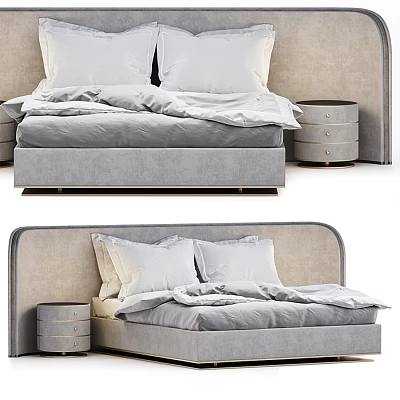 Modern Upholstered Double Bed With Gray Headboard Nightstand And Soft Pillows 3d model