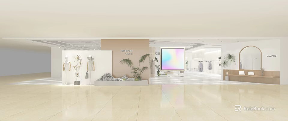 Modern Clothing Store Interior Featuring Mannequins Plant Decor Large Colorful Gradient Screen 3d model 