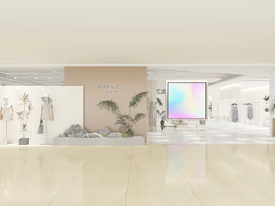Modern Clothing Store Interior Featuring Mannequins Plant Decor Large Colorful Gradient Screen 3d model