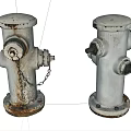 Two White Rusted Fire Hydrants With Chain And Outdoor Base Details 3d model