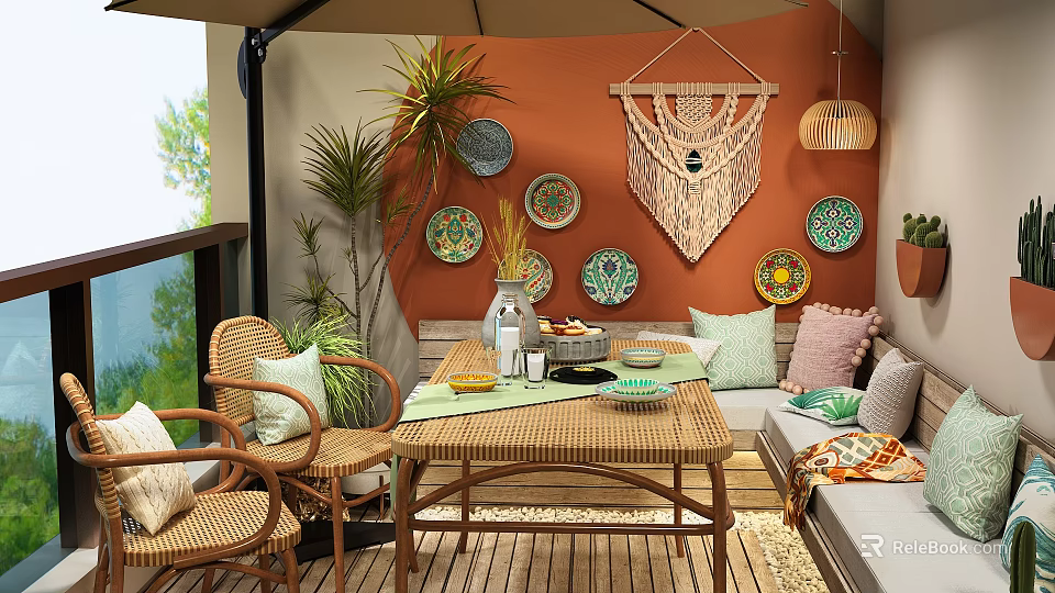 Cozy Villa Balcony With Wicker Furniture Macramé Hanging Colorful Plates And Potted Plants 3d model 