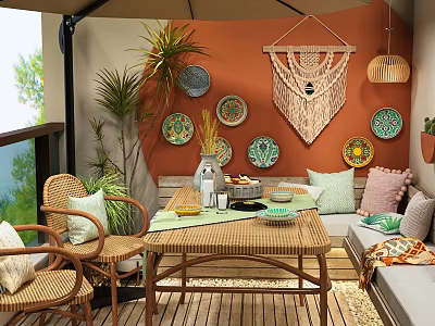 Cozy Villa Balcony With Wicker Furniture Macramé Hanging Colorful Plates And Potted Plants 3d model
