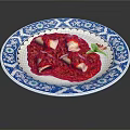 Delicious Dumplings Served on Blue and White Patterned Plate With Red Sauce and Green Garnish