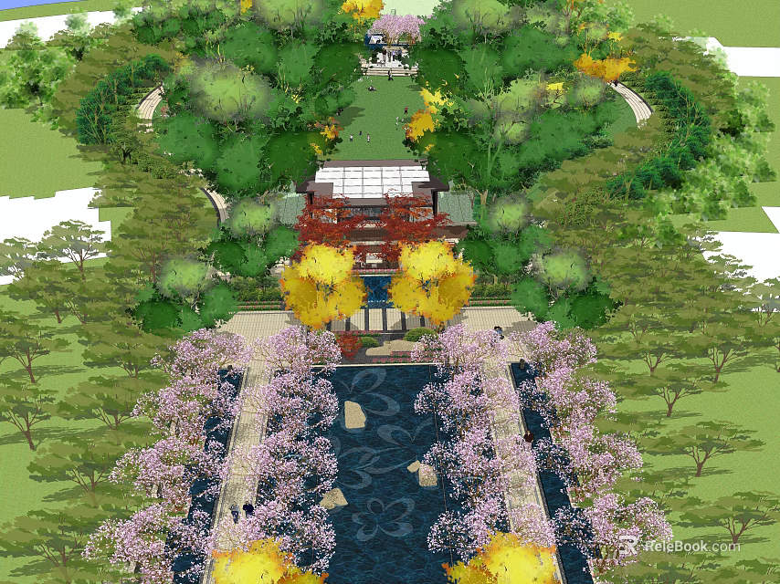 Lush Residential Landscape With Central Water Feature Curved Pathways And Colorful Flowering Trees 3d model 