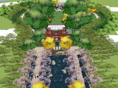 Lush Residential Landscape With Central Water Feature Curved Pathways And Colorful Flowering Trees 3d model