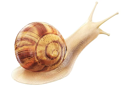 Close Up Reptile Snail With Spiral Brown Yellow Striped Shell Light Colored Body And Tentacles 3d model