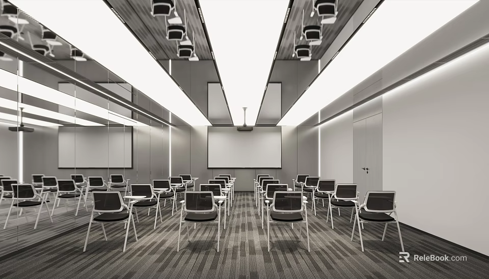 Modern Conference Room Interior With Arranged Chairs Projection Screen And Ceiling Lights 3d model 