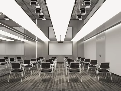 Modern Conference Room Interior With Arranged Chairs Projection Screen And Ceiling Lights 3d model