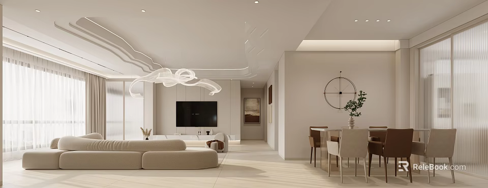 Modern Living and Dining Room Interior With Beige Sofa TV And Dining Table Chairs 3d model 