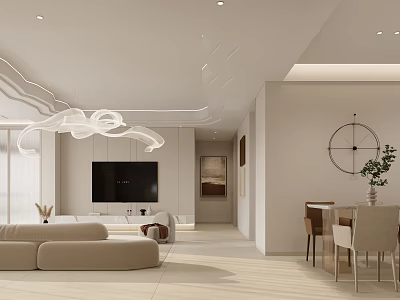 Modern Living and Dining Room Interior With Beige Sofa TV And Dining Table Chairs 3d model