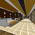 Elevator Hallway With Golden Brown Decor Patterned Ceiling Checkerboard Floor And Sofa 3d model