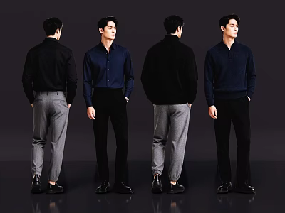 Four Men Modeling Modern Casual Outfits With Black Blue Shirts And Gray Pants 3d model
