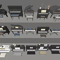Various Styles of Musical Instruments Including Grand and Upright Pianos with Benches