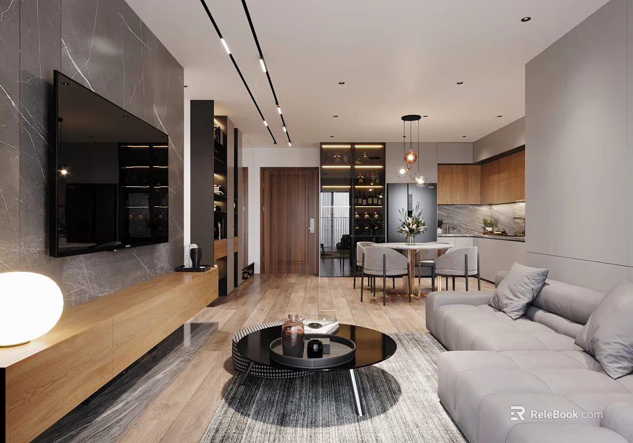 Modern Living and Dining Room Interior With Gray Sofa Dining Table Chandelier and Wooden Cabinets 3d model 