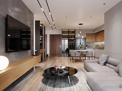 Modern Living and Dining Room Interior With Gray Sofa Dining Table Chandelier and Wooden Cabinets 3d model