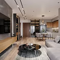 Modern Living and Dining Room Interior With Gray Sofa Dining Table Chandelier and Wooden Cabinets