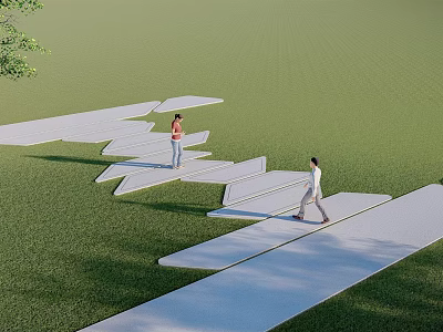 Stepping Stones Path On Green Lawn With People Walking In Natural Landscape 3d model