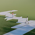 Stepping Stones Path On Green Lawn With People Walking In Natural Landscape