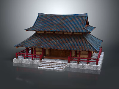 Traditional Ancient Building With Double Eaves Tile Roof Red Pillars And Stone Steps 3d model