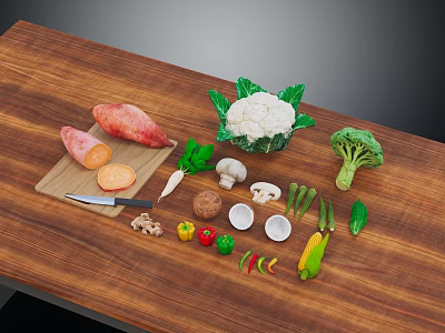 Fresh Various Vegetables on Wooden Cutting Board with Sweet Potatoes Cauliflower Broccoli Mushrooms and Knife 3d model