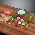 Fresh Various Vegetables on Wooden Cutting Board with Sweet Potatoes Cauliflower Broccoli Mushrooms and Knife