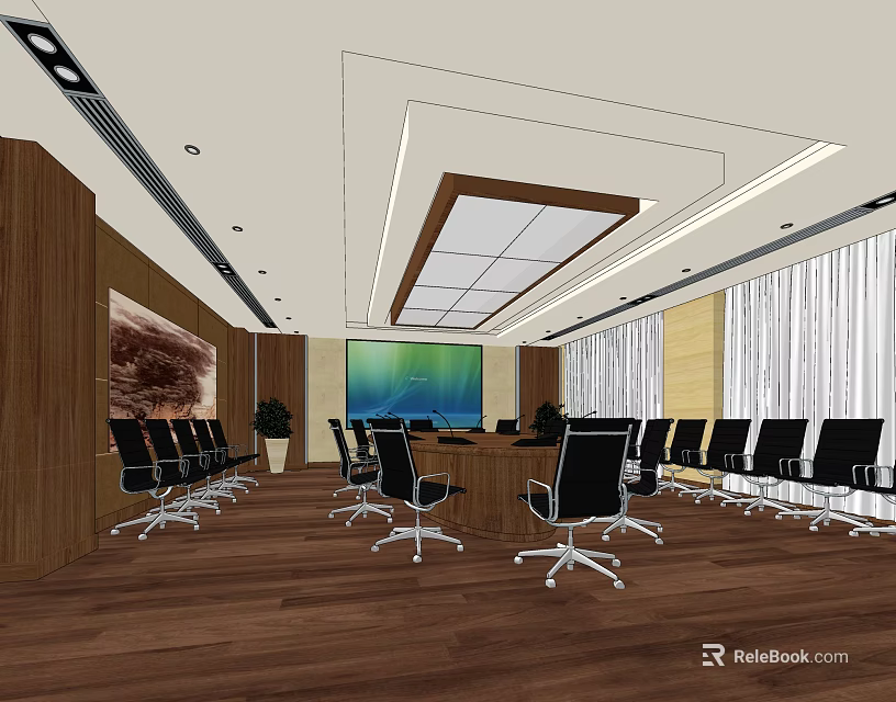 Modern Conference Room Interior With Long Table Black Chairs Large Screen And Wooden Decor 3d model 