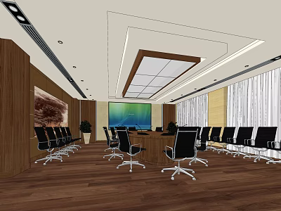 Modern Conference Room Interior With Long Table Black Chairs Large Screen And Wooden Decor 3d model