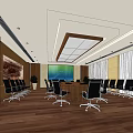 Modern Conference Room Interior With Long Table Black Chairs Large Screen And Wooden Decor