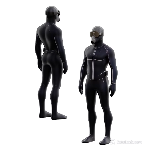 Model Wearing Black Full Body Wetsuit With Zipper Seams And Front Back Views 3d model 