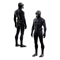 Model Wearing Black Full Body Wetsuit With Zipper Seams And Front Back Views