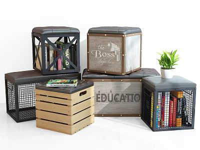 Functional Decorative Storage Ottoman With Wooden Metal Mesh Design And Book Storage 3d model