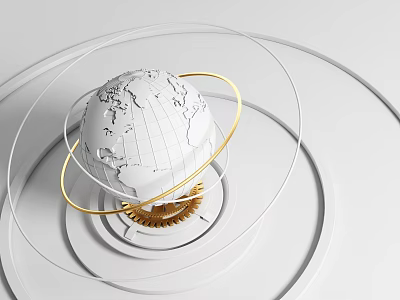 Decorative Globe Ornament Set with Golden Rings Gear and White Circular Base 3d model