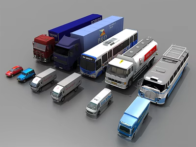 Various Types of Transport Vehicles Including Trucks Buses and Cars Model Collection 3d model