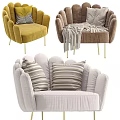 Brown Velvet Single Sofa with Petal Shaped Backrest Golden Metal Legs Herringbone Pillow and Blanket